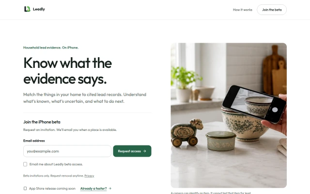 Leadly iPhone beta website presenting cited household lead evidence