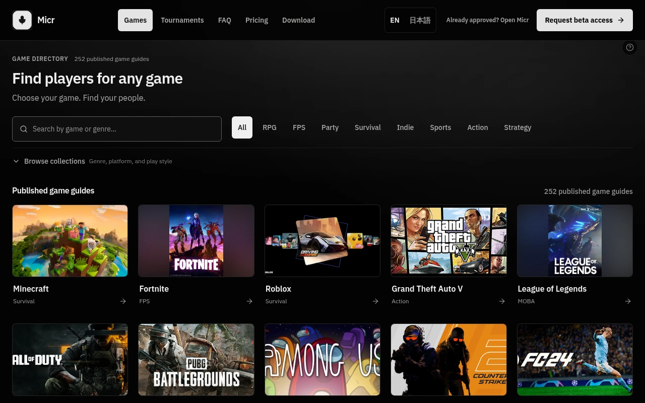 Micr game directory showing rows of game artwork for Minecraft, Fortnite, Roblox, Grand Theft Auto V, and other titles.